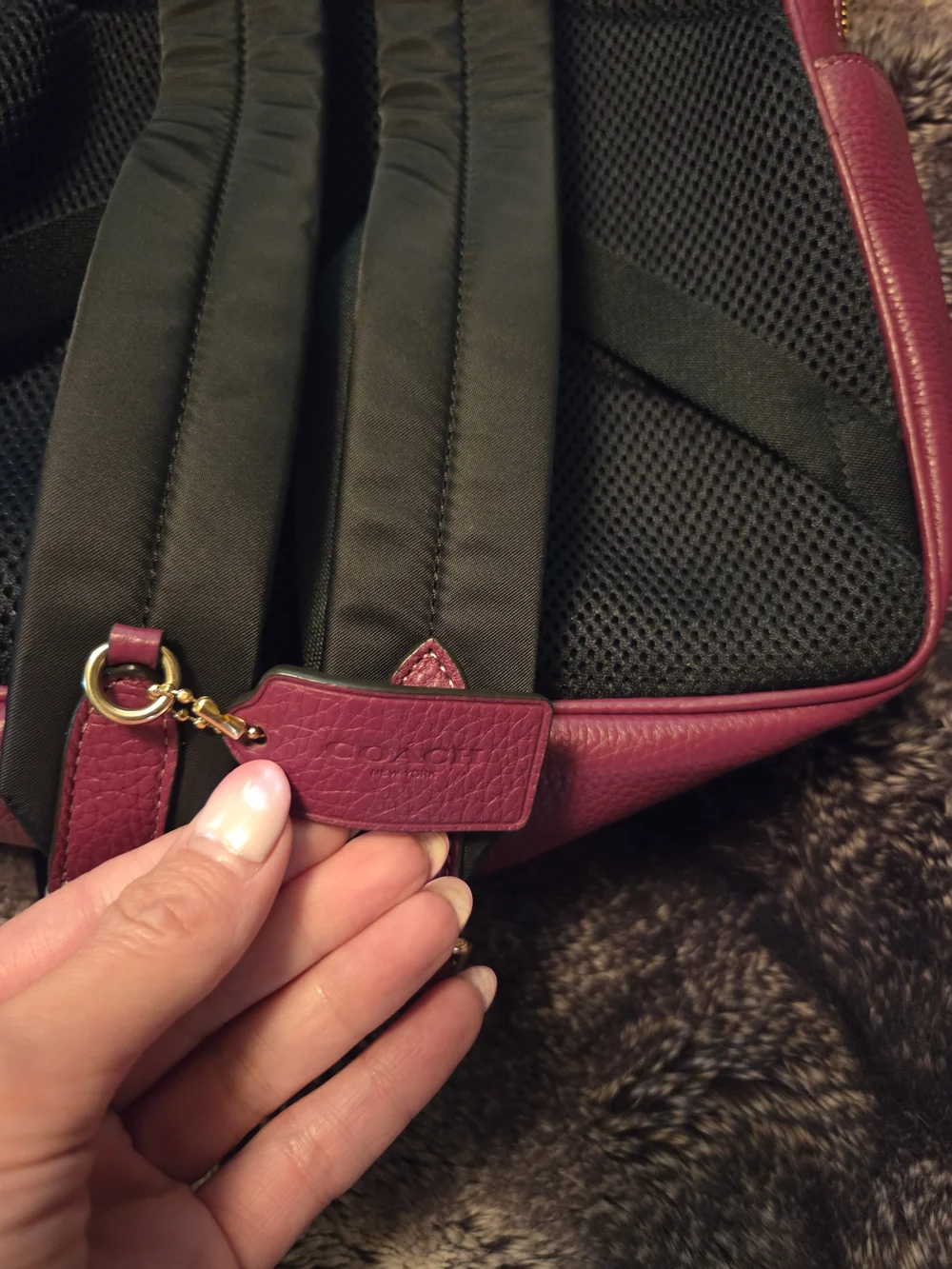 Coach Burgundy Pebbled Leather Front Backpack with Burgundy Sherpa